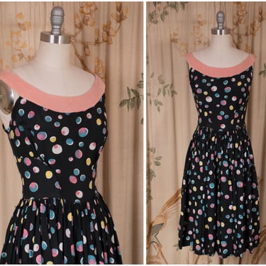 1950s Dress - Effervescent Vintage 50s Dress with Pastel Bubble Print on Black with Pink Velveteen 