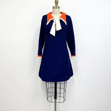 Vintage Mod Mini Dress | 1960s Sailor Style Sue Brett Dress with Long Sleeves | Size Small 