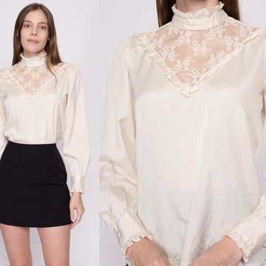 Small 70s Does Victorian Ivory Lace Trim Blouse | Vintage Long Sleeve Boho High Collar Top 