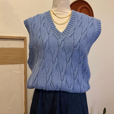 Vintage 90s Light Blue Chunky Wool Knit V Neck Pullover Sweater Vest - Large 