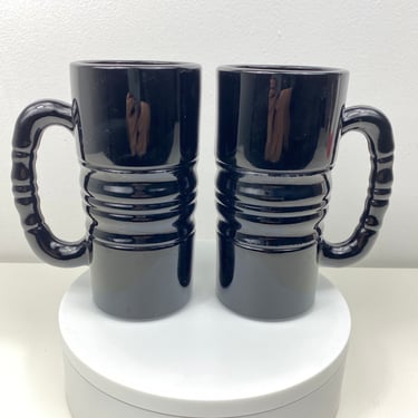 Set of 2 Vintage Tiara Opaque Black Milk Glass Tankard Mugs | Vintage 1970s Indiana Glass baluster Mugs | Art Deco Ribbed Heavy Black Mugs 