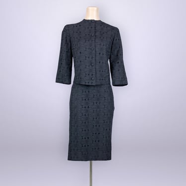 VINTAGE 60s Black Eyelet Lace Skirt & Blouse Set by Gloria Swanson  | 1960s Puritan Forever Young Mid-Century Cocktail Dress Outfit | VFG 
