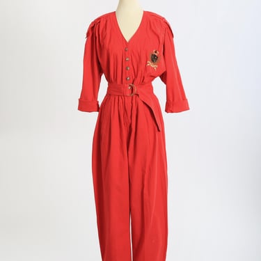 Nautical jumpsuit | Vintage 90s Karen Alexander red cotton Jumpsuit 