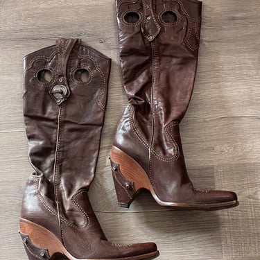 Auth Vintage CHRISTIAN DIOR Brown leather tall western COWBOY Boots it 39.5 / 9 - 9.5 