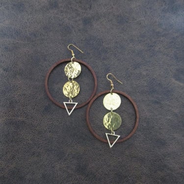 Wooden hoop earrings, natural dangle earrings, mid century modern earrings, bohemian earrings, bold statement unique ethnic earrings, brass 