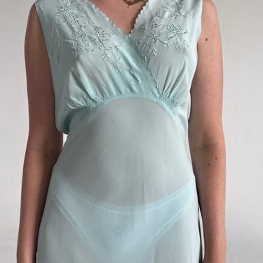 1950's Blue Silk Slip Dress With Embroidery
