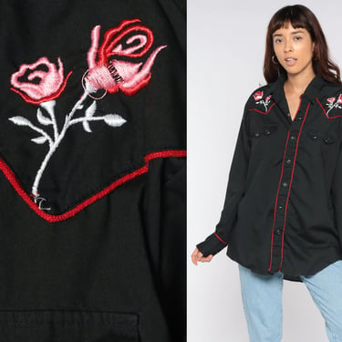 Western Rose Shirt EMBROIDERED 80s Pearl Snap Shirt Floral Cowboy Shirt Red Rose Button Up 70s Vintage Black Long Sleeve Men's 16 1/2 