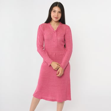 Vintage Pink Pointelle Knit Dress 80s Midi Sweater Dress Tie Neck Ascot Boho Cut Out Long Puff Sleeve 1980s Bohemian Cut Out Medium 