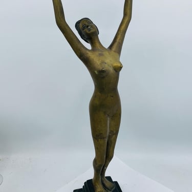 Bronze Nude Art deco Style Woman Holding a green leaf shaped Tray with stretched arms - 17.5