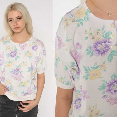 Floral Henley Shirt 80s Top White Purple Short Sleeve T Shirt Grunge Slouchy Graphic Blouse Kawaii Girly Summer Retro 1980s Vintage Large L 