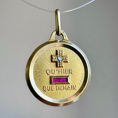 Vintage Augis 18K Gold Ruby & Diamond Love Token Medallion Pendant Charm 19mm 