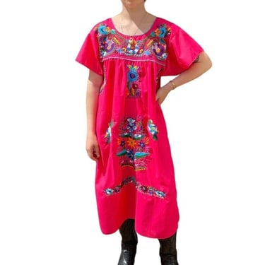 Vintage Womens Hot Pink Cotton Mexican Floral Embroidered Maxi Dress Sz L 