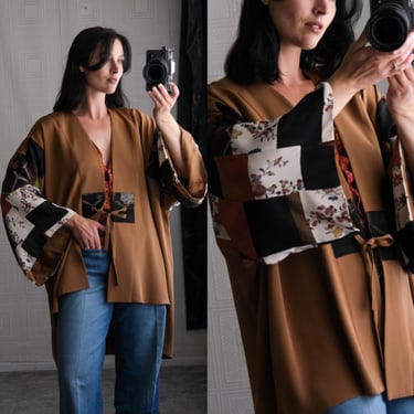 Vintage 90s Y2K JANE SUTTELL Caramel Patchwork Silk Kimono w/ Tie Closure | Made In USA | Bohemian, Boho | Handmade Asian Inspired Kimono 