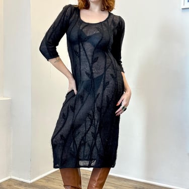 Vintage 1990s Dress / 90s Sheer Botanical Print Mohair Knit Dress / Black ( S M L ) 