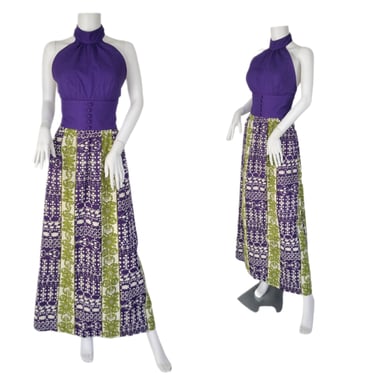 Tori Richards 1960's Purple Green Hawaiian Barkcloth Tropical Print Halter Back Maxi Dress I Sz Med 