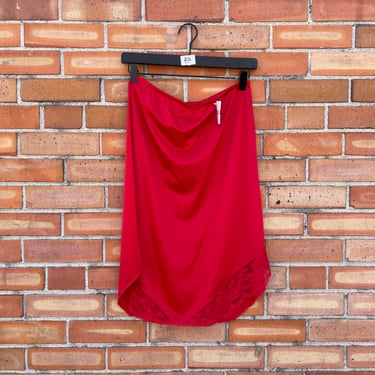 vintage 80s red lace trim slip skirt  / m l medium large 