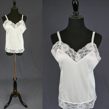 80s White Camisole - Lace Trim - Nylon Cami Blouse Slip - Vintage 1980s - Size M 38 