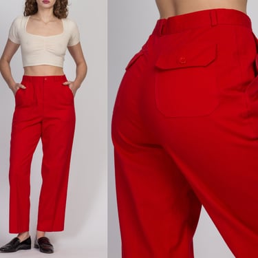 Vintage 80s Red High Waist Trousers - Medium, 28" | Pleated Minimalist Tapered Leg Pants 