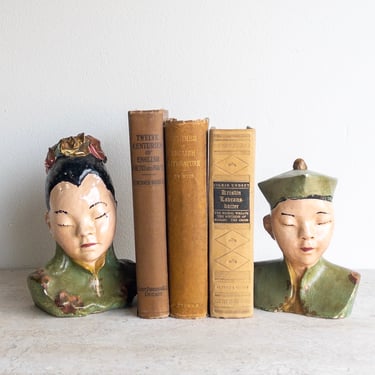Asian Mid Century Figurines Set of Two Bookends Chalkware Chinoiserie Couple Man Woman Busts Shelf Decor Chinese Japanese Oriental Plaster 