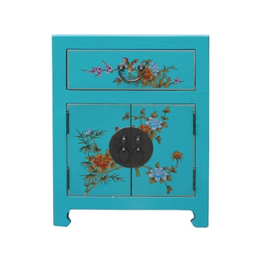 Chinese Turquoise Aqua Graphic Vinyl Moon Face End Table Nightstand cs4960E 