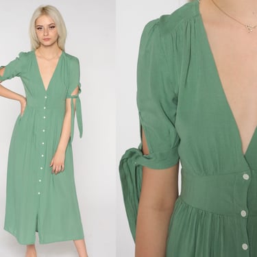 Sage Green Midi Dress Y2K Day Dress Button Up Pleated Dress Short Tie Sleeve Boho Sun Dress Summer High Waist Bohemian Vintage 00s Small S 