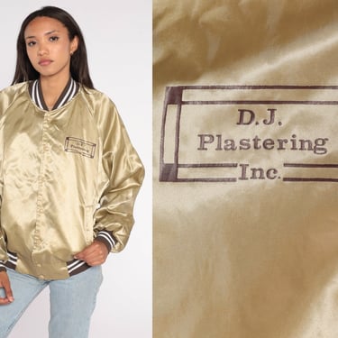 Gold Satin Bomber Jacket DJ Plastering Inc 80s 90s Baseball Jacket Snap Up Uniform Shiny Coat Metallic Vintage Medium Large 