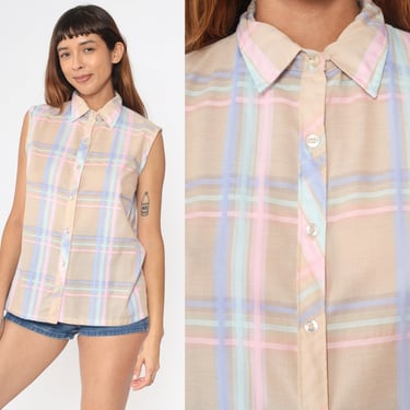 80s Plaid Blouse Tan Pastel Button Up Tank Top Pink Lavender Checkered Shirt 1980s Check Print Top Vintage Preppy Sleeveless Shirt Medium 