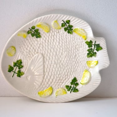 Vintage Italian Fish Plate with Lemon & Parsley Design by Bassano, Made In Italy 