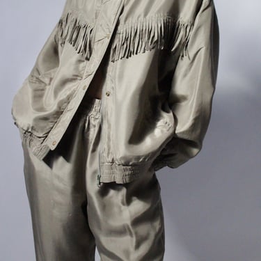 Vintage Sage Fringe Silk Jacket & Pant Set