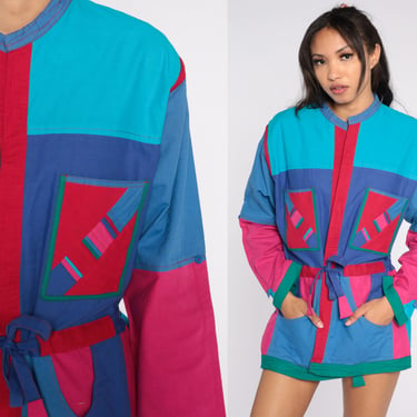 Bright Reversible Jacket 90s Color Block Open Front Jacket Tie Belt Retro Pink Turquoise Blue Summer Convertible Vintage 1990s Medium M 