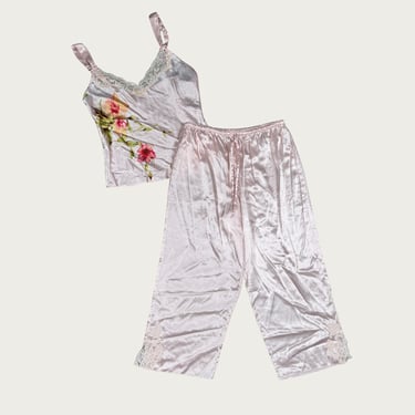 (S) 90s/Y2K Pink Floral Sequin Satin Pajama Set