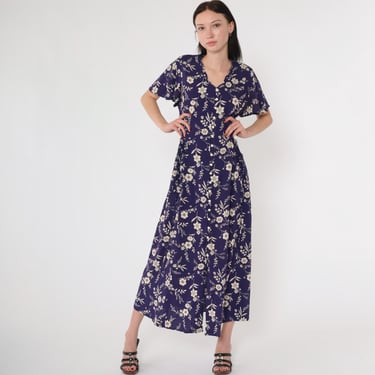 Deep Purple Floral Dress 90s Button Up Maxi Dress V Neck Cream Flower Print Collared Day Dress Short Sleeve Boho Vintage 1990s Large 