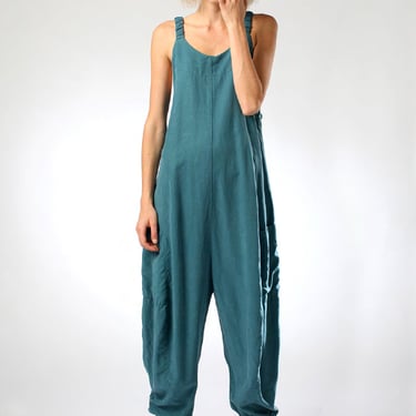 Linen Blend Tapered Full Leg Drop Seat Jumpsuit in GREEN or BLACK