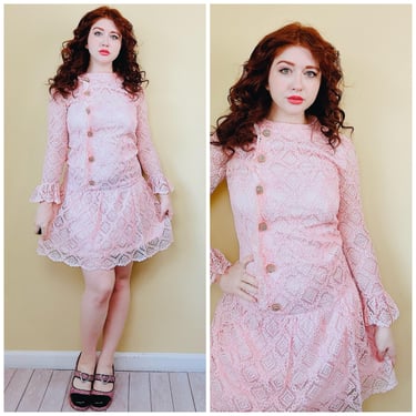 1960s Vintage Carol Brent Pastel Pink Lace Dress / 60s / Sixties Drop Waist Gogo Dress / Size Medium 