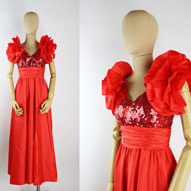 80s Red Ruffles Cocktail Dress / 80s Red Party Dress / 80s Prom Dress / Red Sequined Dress /Dramatic Sleeves Dress/Size XXS/XS 