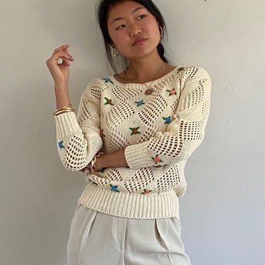 70s sheer hand embroidered sweater / vintage ivory pointelle open knit embroidery rose bud floral linen cotton sweater | S M 