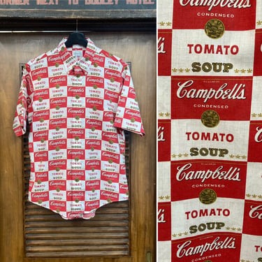 Vintage 1960’s Campbell’s Soup Warhol Pop Art Mod All Over Print Short Sleeve Shirt, 60’s Fitted Shirt, 60’s Vintage Clothing 