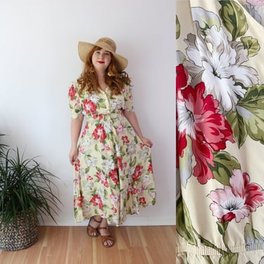 RESERVED SIZE XL / 1X - Carol Anderson Maxi Dress - Vintage 90s Floral Maxi Dress Long Flowy - Chartreuse Soft Floral Cottagecore Boho Green 