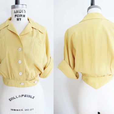 Vintage 40s Womens Gabardine Rayon Blouse S - 1940s Butter Yellow Cropped Collared Button Up Blouse 