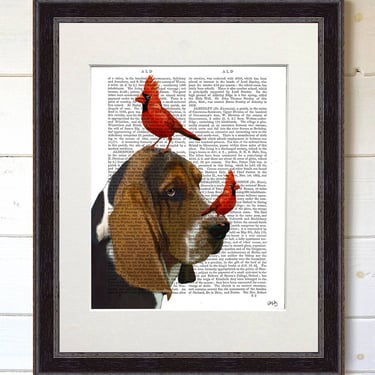 Basset Hound and Birds, Dog book print