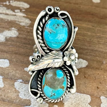 LITTLE C.R. Navajo, Dine'h Native Arts Turquoise Sterling Silver, Large Ring | Native American Statement Jewelry Southwestern | Size 8 