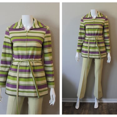 Vintage 1960s 70s Mod Two Piece knit Pants belted Tunic top pant suit green purple the Villager / modern small US 0 2 4 xs Small 