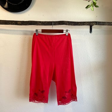 Vintage Van Raalte Red Silky Floral Lace Trim High Waisted Shorts Size Small 