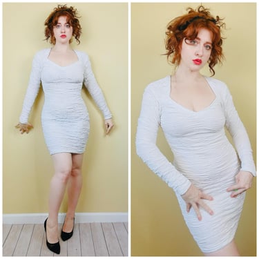 1980s Vintage Workshop Clothing White Crinkle Dress / 80s Body Con Knit Mini Dress 