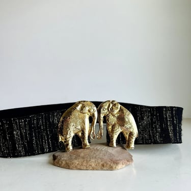 Vintage 80s Chunky Gold Elephant Hook Belt with Sparkly Wide Elastic - M 