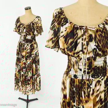 1980s Leopard Print Peasant Dress | 80s Animal Print Maxi Dress | Creations | Medium 
