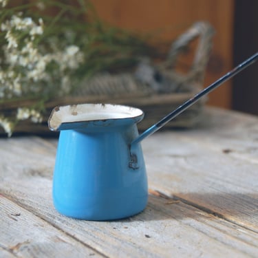 Blue enamel syrup pot / mini vintage enamel pour ladle / Turkish coffee pot / butter warmer / farmhouse kitchen / rustic sauce server 