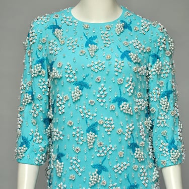 RESERVED 1960s heavily beaded blue mod shift party dress 3/3 