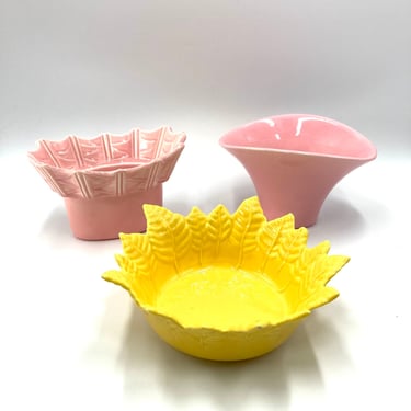 Miramar of California Pottery Vases, Planters, Bowls, Mid-Century Planter, Vintage Succulent, Pink 926 & 930, Yellow 809, Textured, Leaves 
