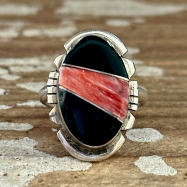 BRANDON ETCITTY Multi Stone Inlay Navajo Ring, Sterling Silver, Jet & Spiny Oyster | Native American Southwest Jewelry | Size 7.5 